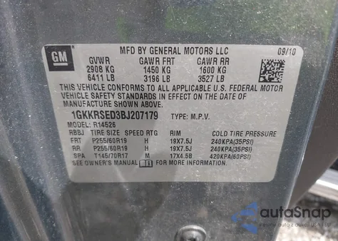 2011 GMC Acadia Slt-2 from USA, damaged, VIN 1GKKRSED3BJ207179